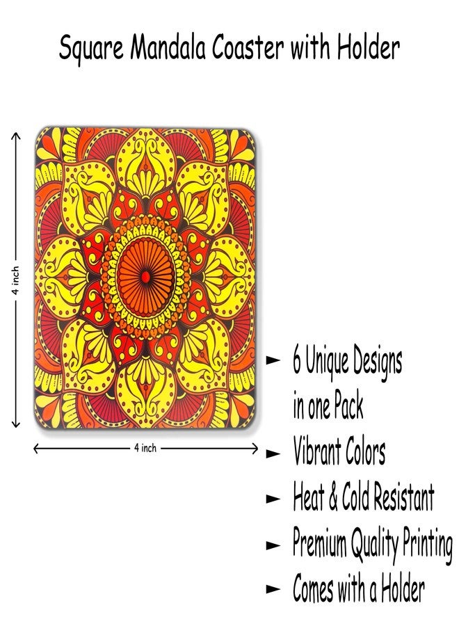 Ambiyaa Set of 6 Mandala 4 Inch Coasters with Holder | Unique Handmade Designs | Square with Holder | 10x10 cm - Image 2